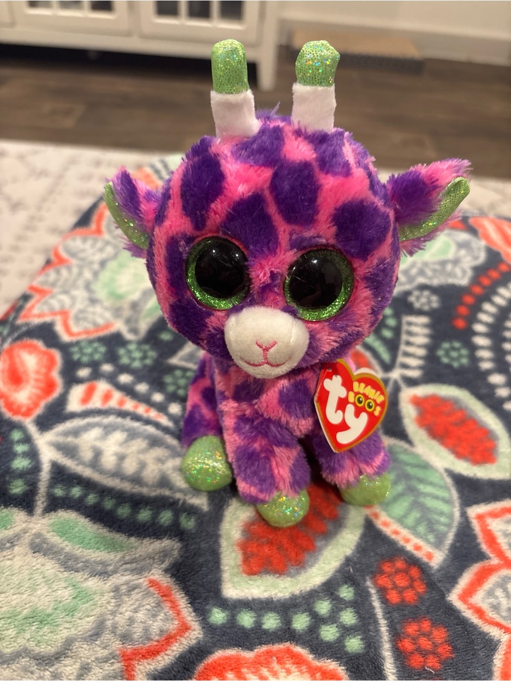 Ty Purple and Pink Giraffe Beanie Boo with Green Sparkle Accents